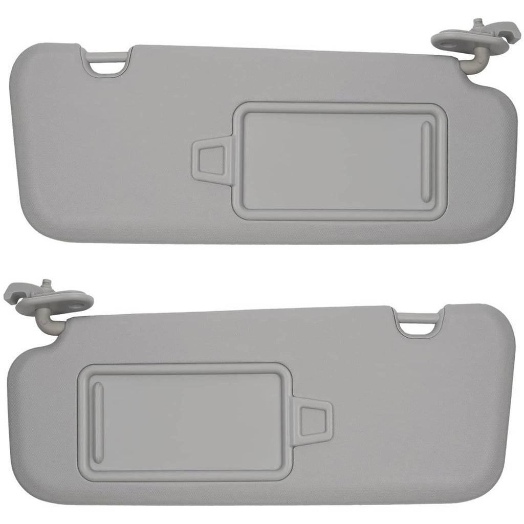 Gray driver and passenger sun visors with mirror windows, pair view