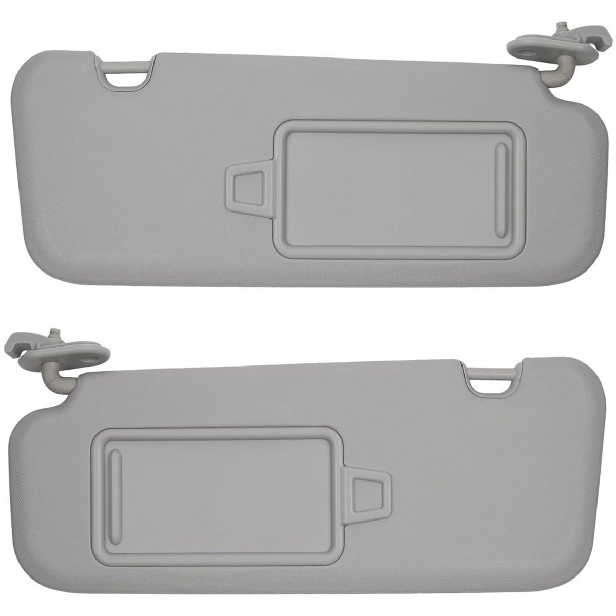 Gray driver and passenger sun visors with mirror windows, pair view
