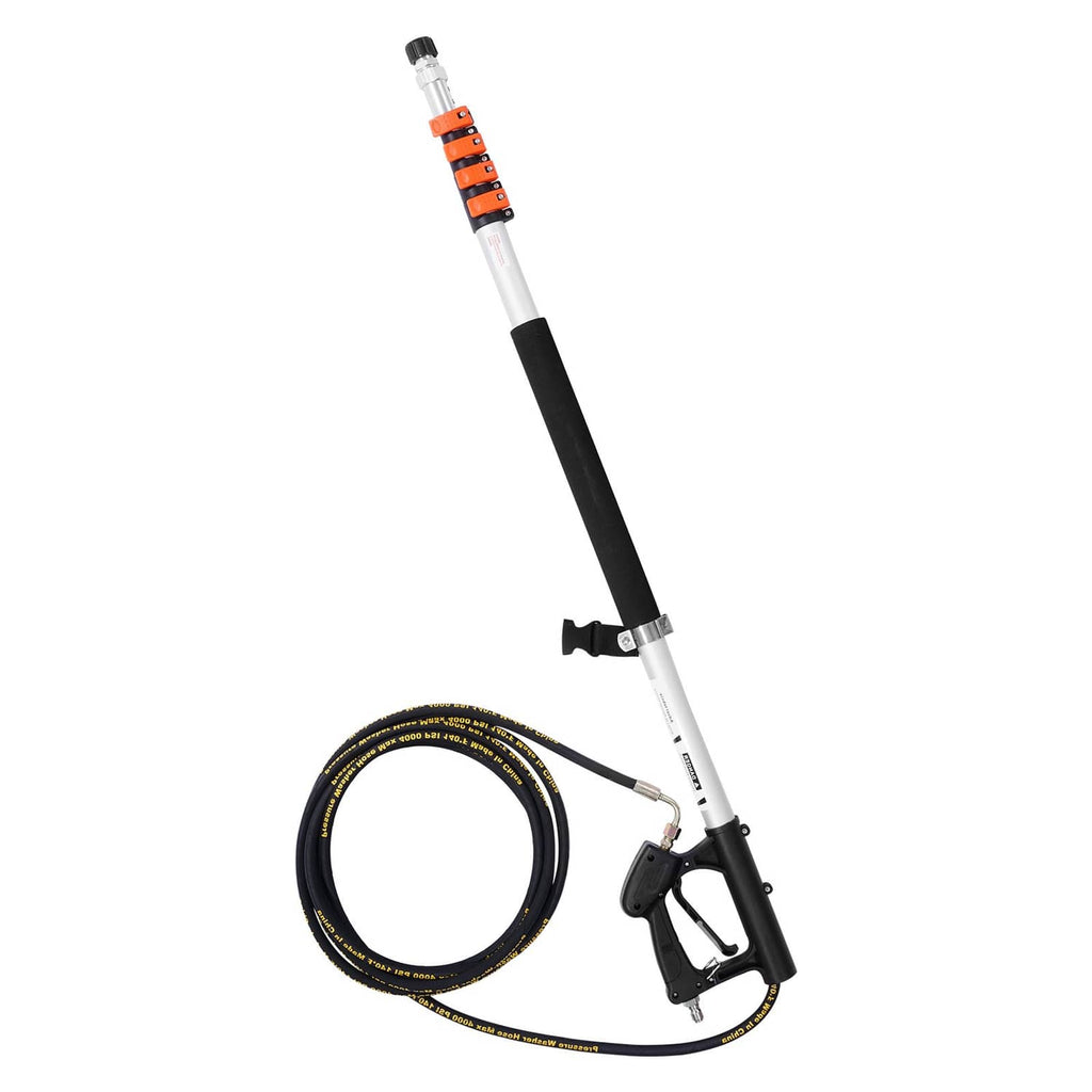 Telescoping pressure washer wand with spray gun, orange collar, and hose