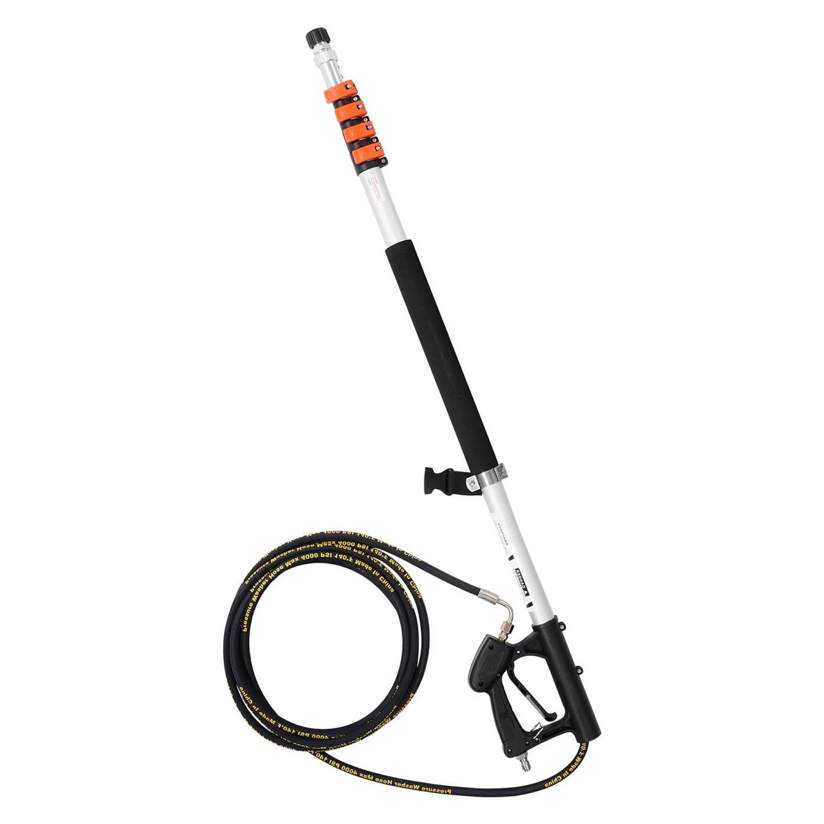 Telescoping pressure washer wand with spray gun, orange collar, and hose