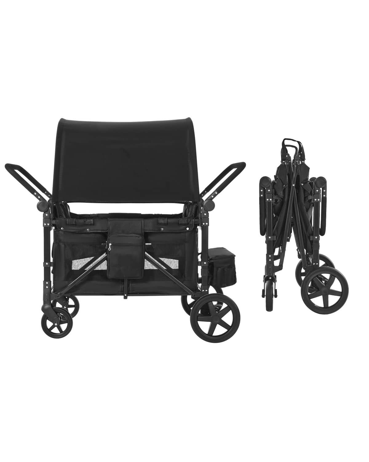 Black 4-seat wagon stroller with canopy, side view and four wheels