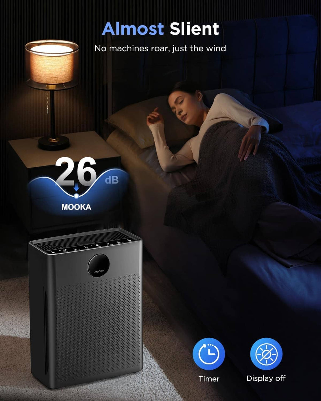 Grey MOOKA air purifier with front display and top grille