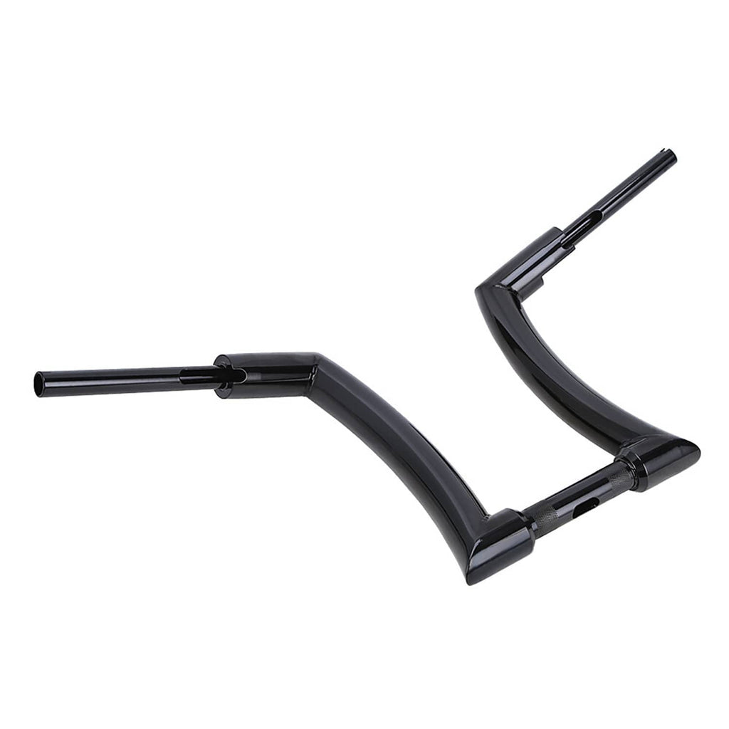 Glossy black ape hanger handlebar, curved center section, angled view