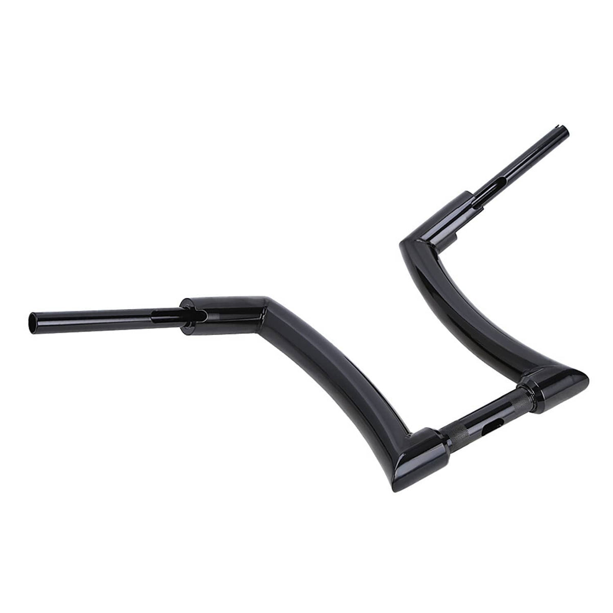 Glossy black ape hanger handlebar, curved center section, angled view