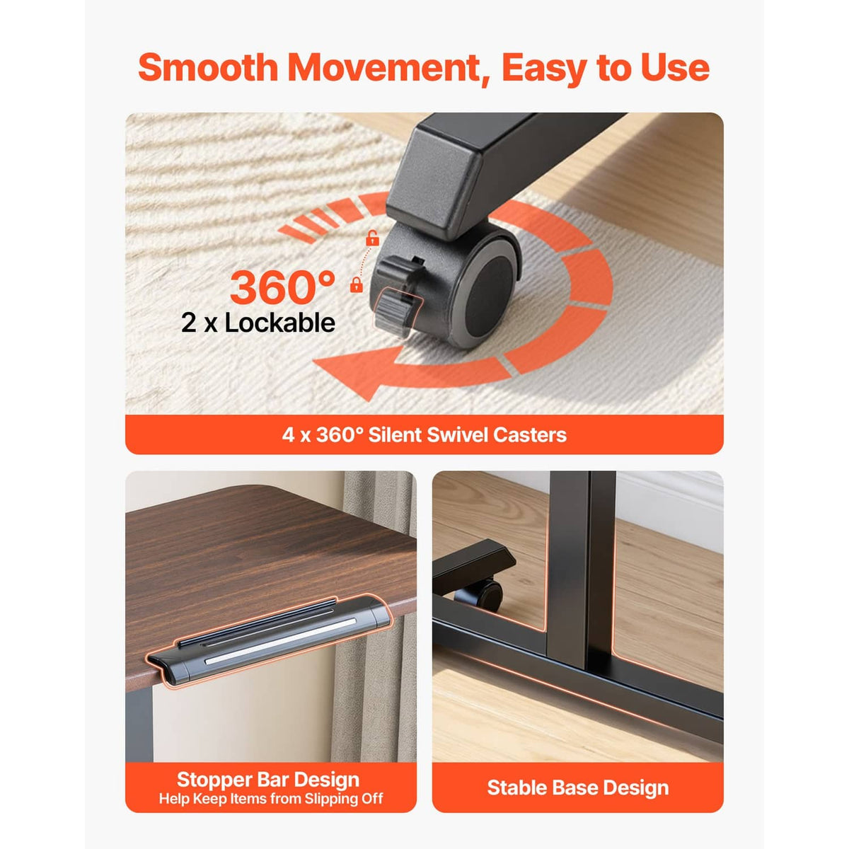 Standing desk base with swivel casters, support strip bar, and brown tabletop