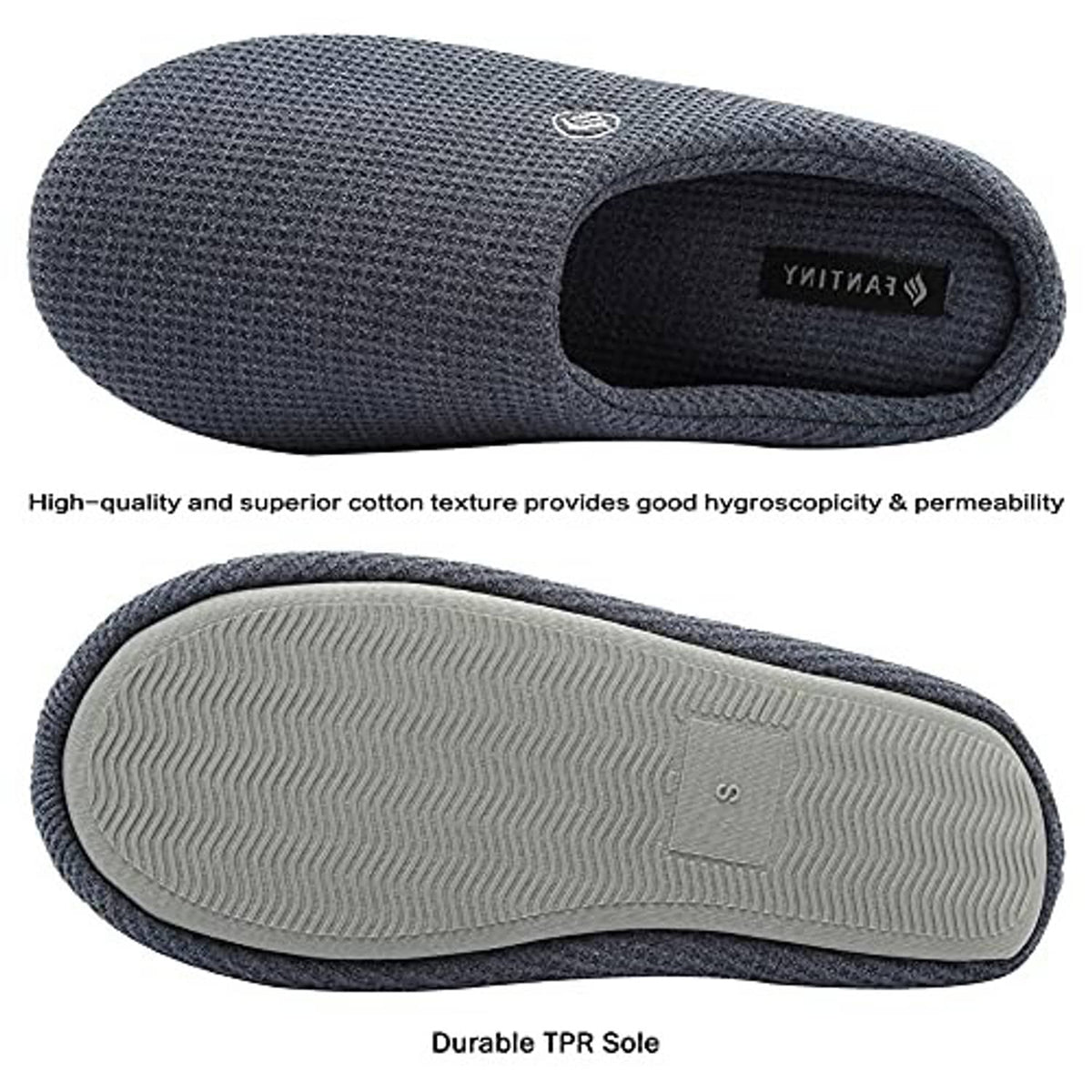Navy-blue knit slipper with open back, dark interior lining, and gripped sole