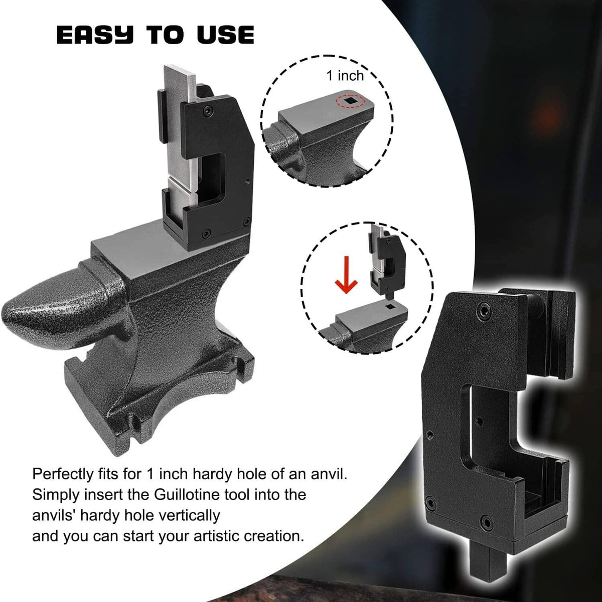 Black guillotine forging tool with vertical punch and flat die insert plates