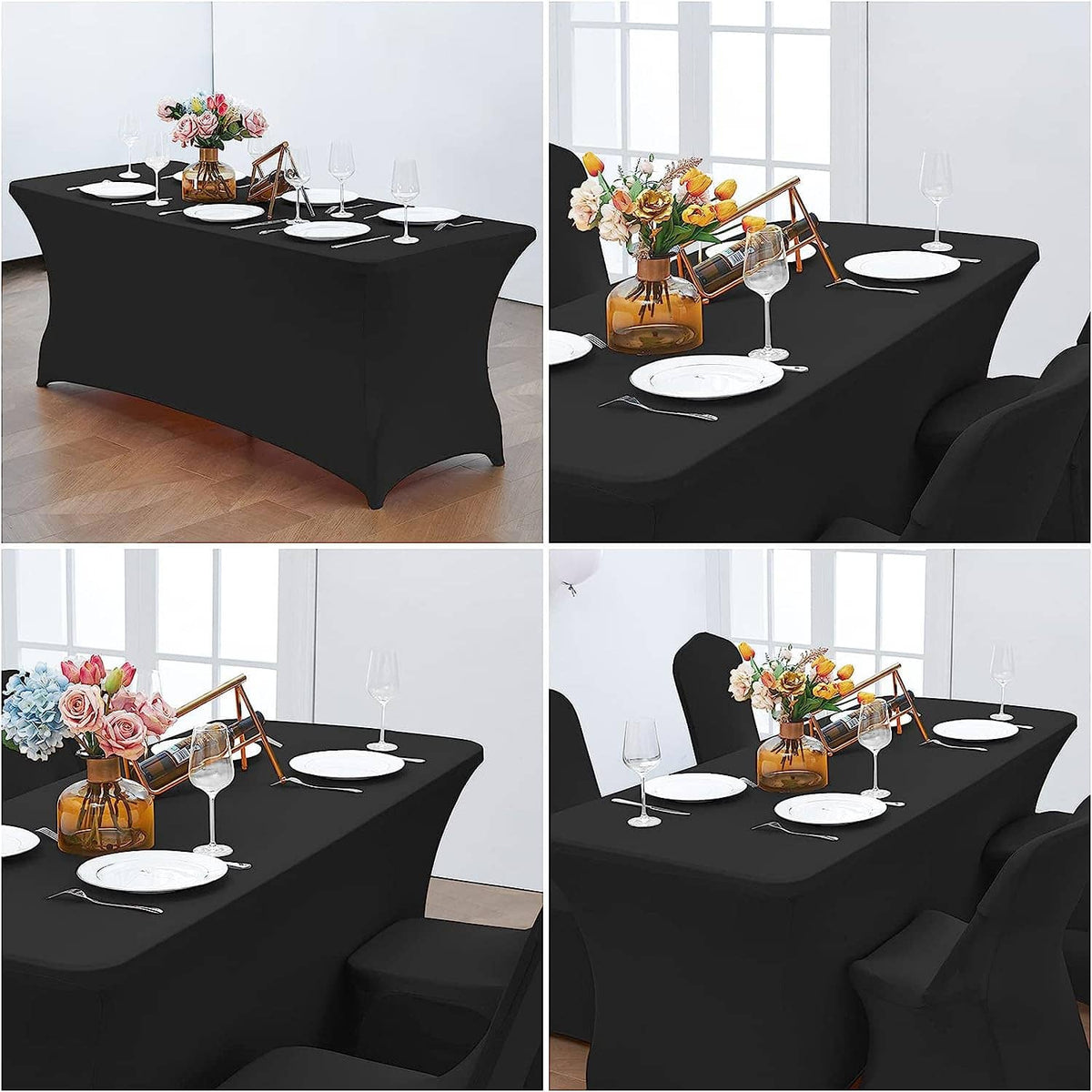 Black stretch table cover styled on rectangular table with plates and flowers