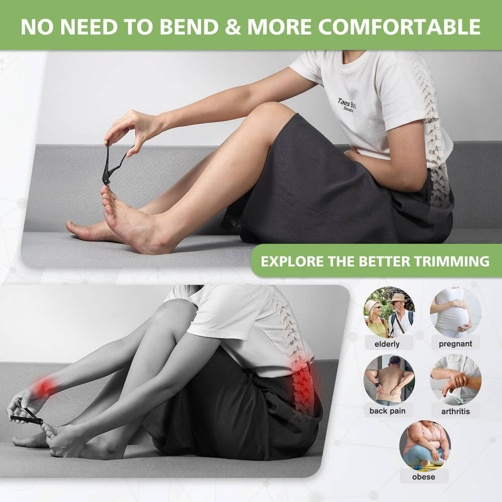 Black long-handle toenail clipper held above a foot while trimming