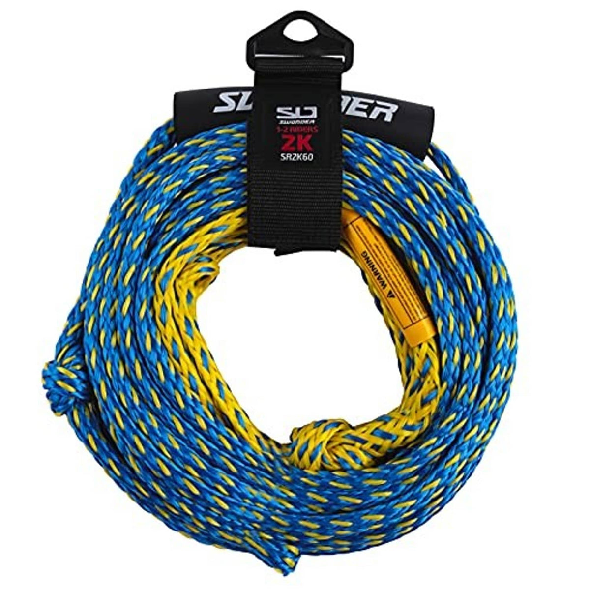 Tow rope for tubing, blue and yellow braided 60 ft 2-section with black center strap