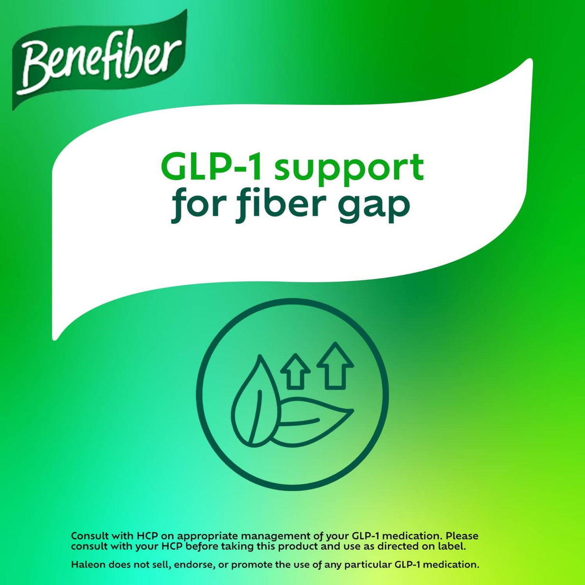 Prebiotic fiber supplement GLP-1 support for fiber gap graphic with leaf icon