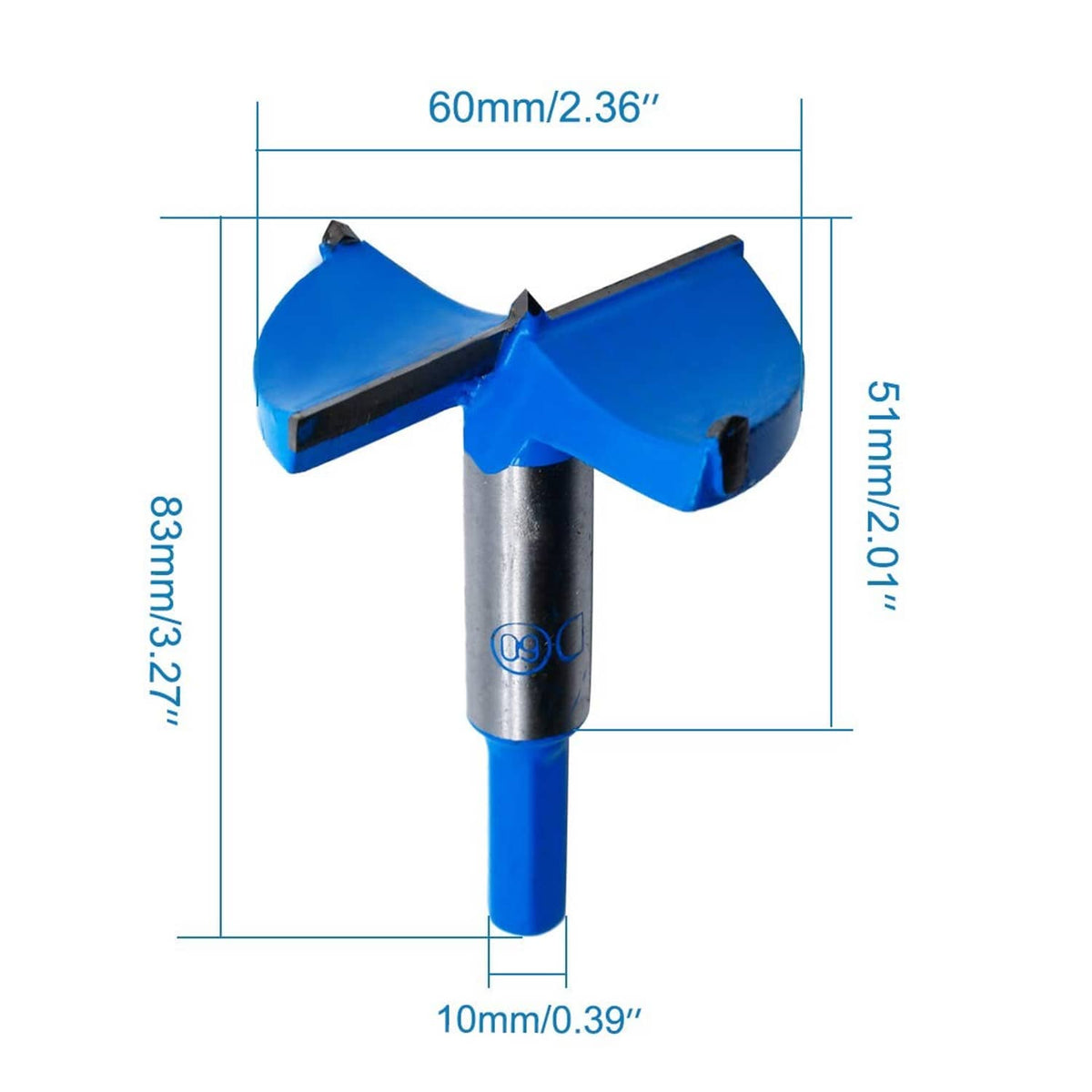 60mm Forstner drill bit with blue cutters; size marks show 83mm length