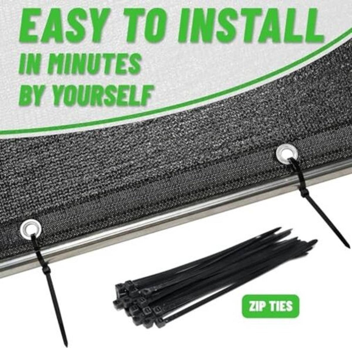 Black shade cloth with grommets, textured mesh fabric spread across outdoors