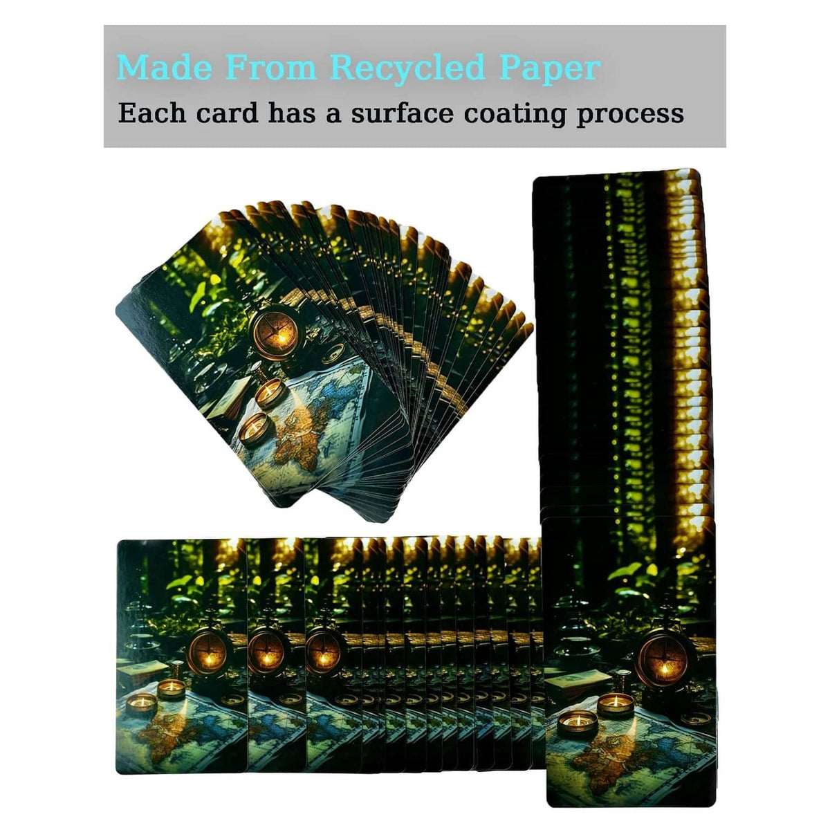 Foiled card deck backs with green and gold reflective pattern, shown with a stack