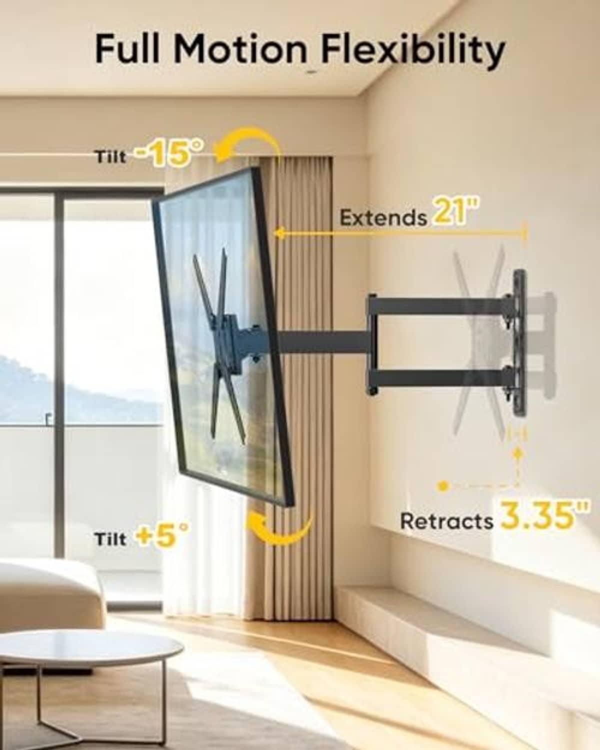 Black full-motion TV wall mount showing extended arms and retractable bracket