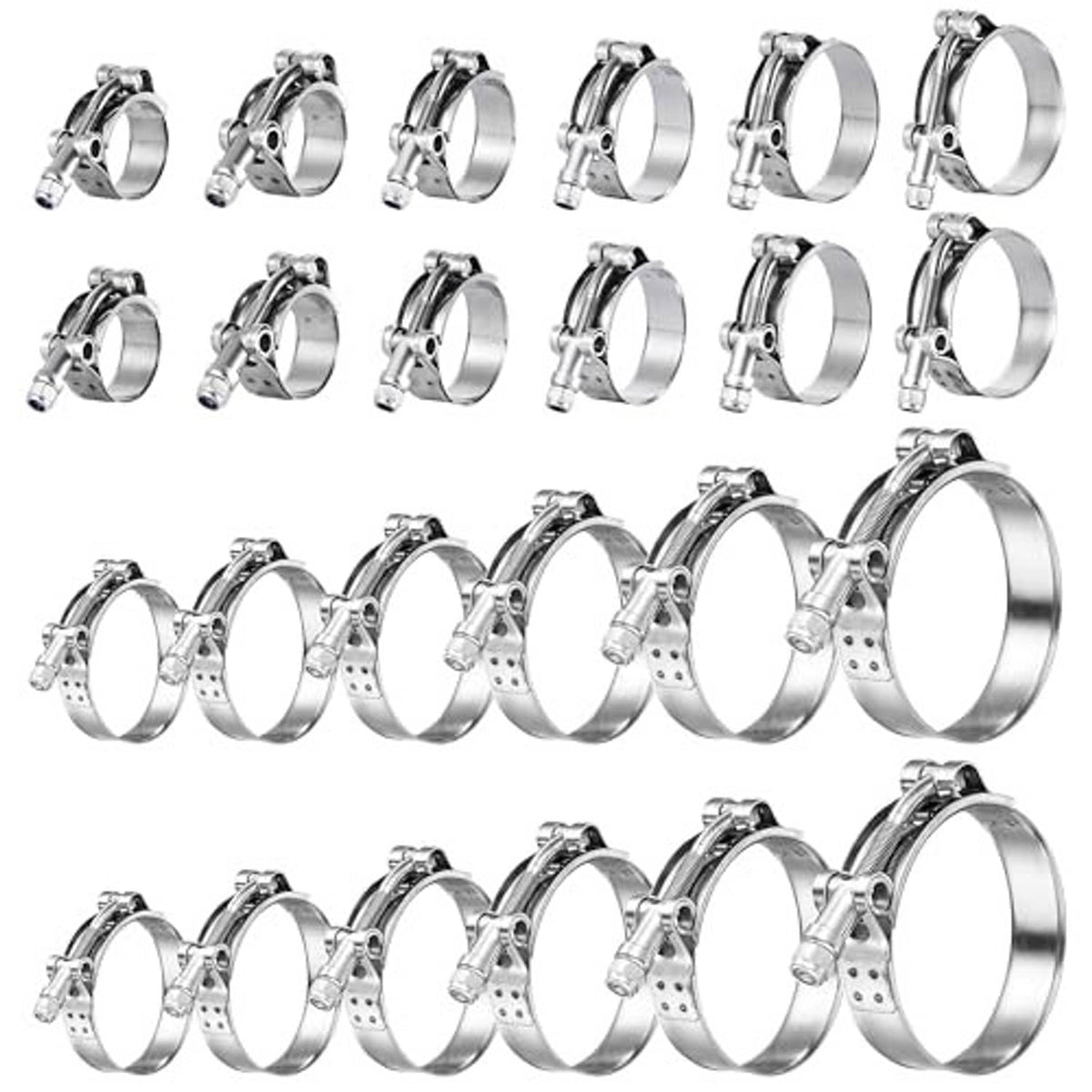 Bulk stainless T-bolt hose clamps with perforated band and metal screw fastener