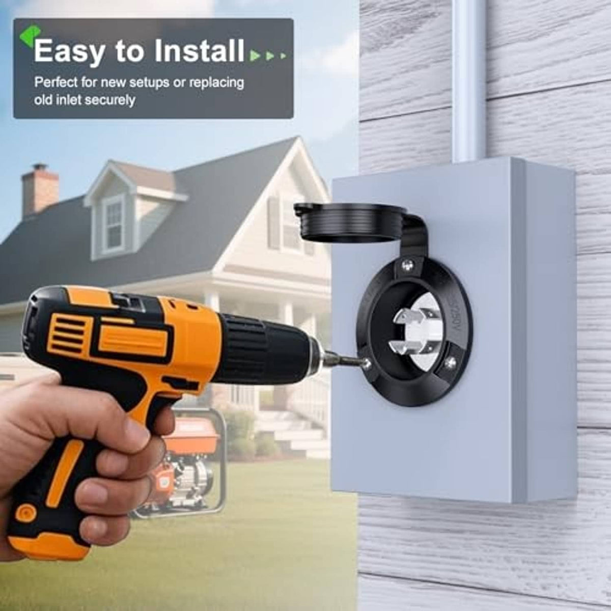 Flanged generator inlet plug mounted on wall with screws being tightened