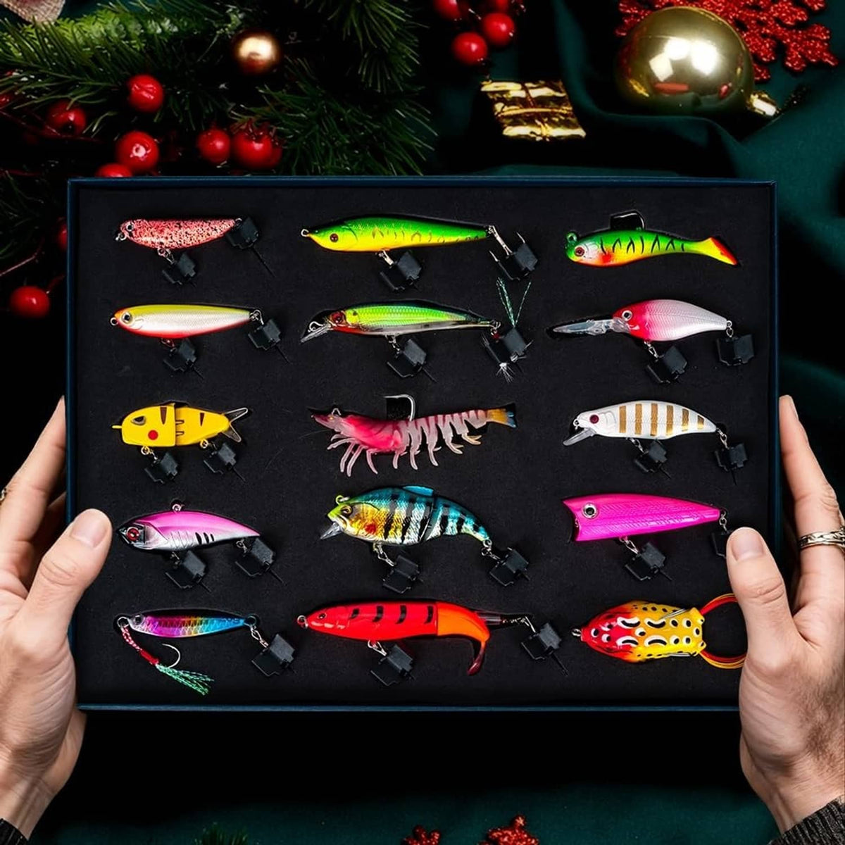 Fishing lures kit box held open with multiple brightly colored lures