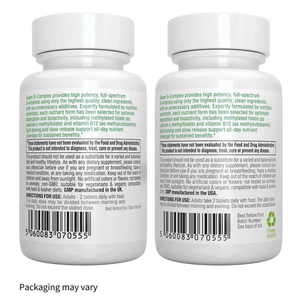 Two views of Igennus Super B-Complex supplement bottle back labels