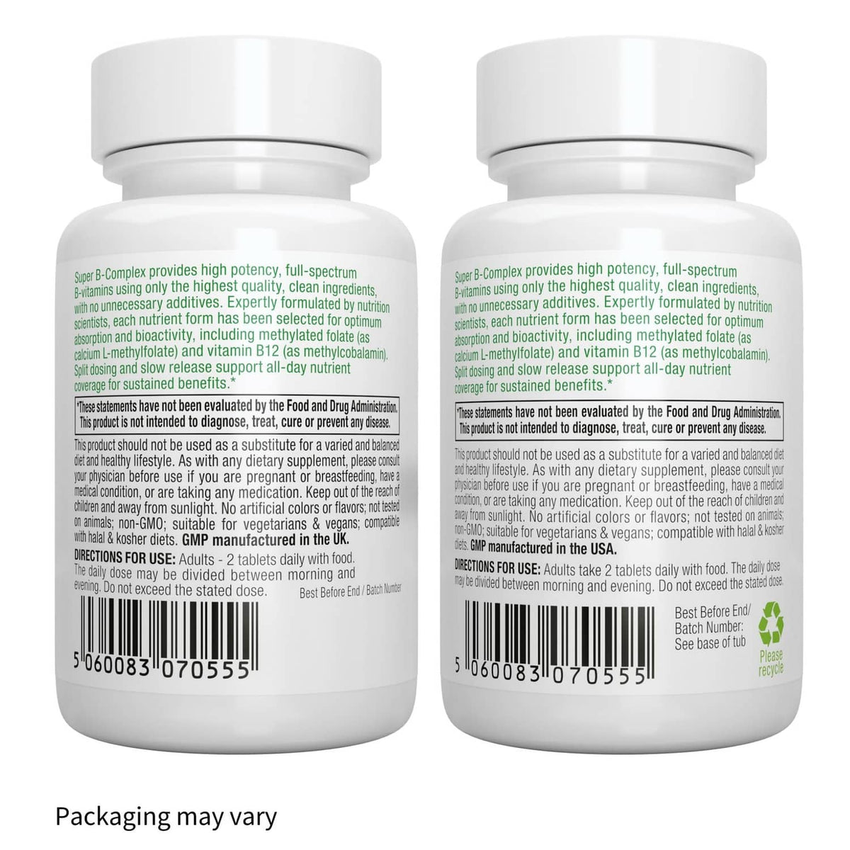 Two views of Igennus Super B-Complex supplement bottle back labels