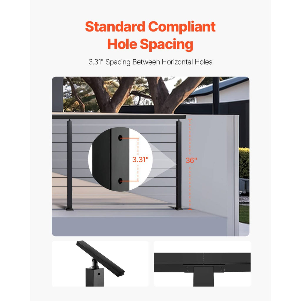 Black railing post with standard spacing between horizontal hole rows
