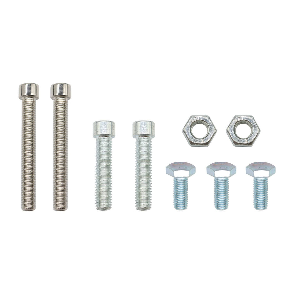Modification kit hardware set: bolts, nuts, and spacers in silver and light blue