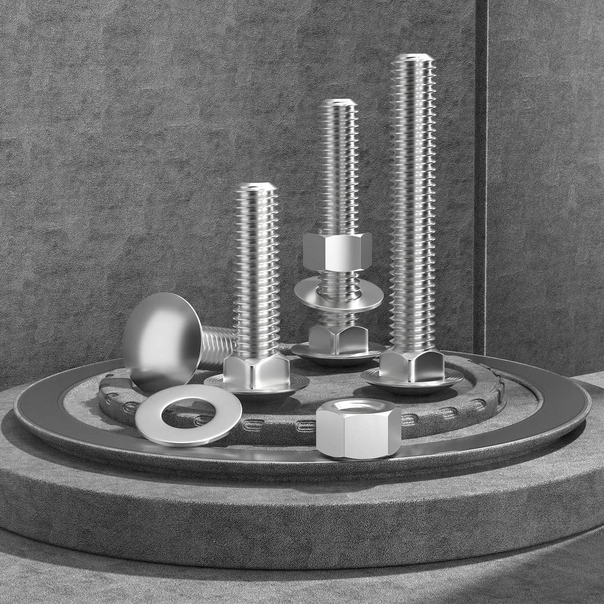 Multiple silver carriage bolts with washers attached to a circular mounting base
