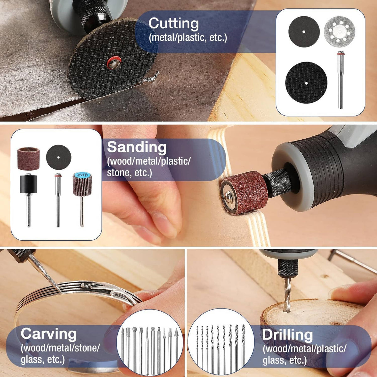Mixed rotary tool accessories shown for cutting, sanding, carving, and drilling uses