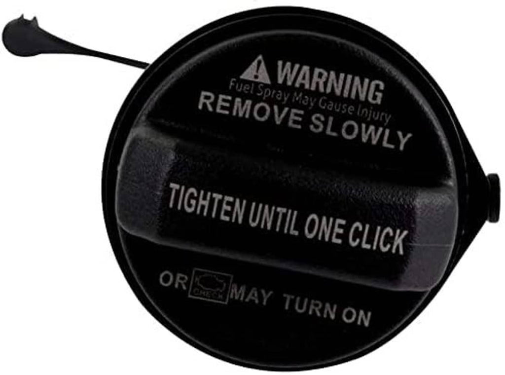 Fuel tank filler gas cap, black with WARNING REMOVE SLOWLY text and tether