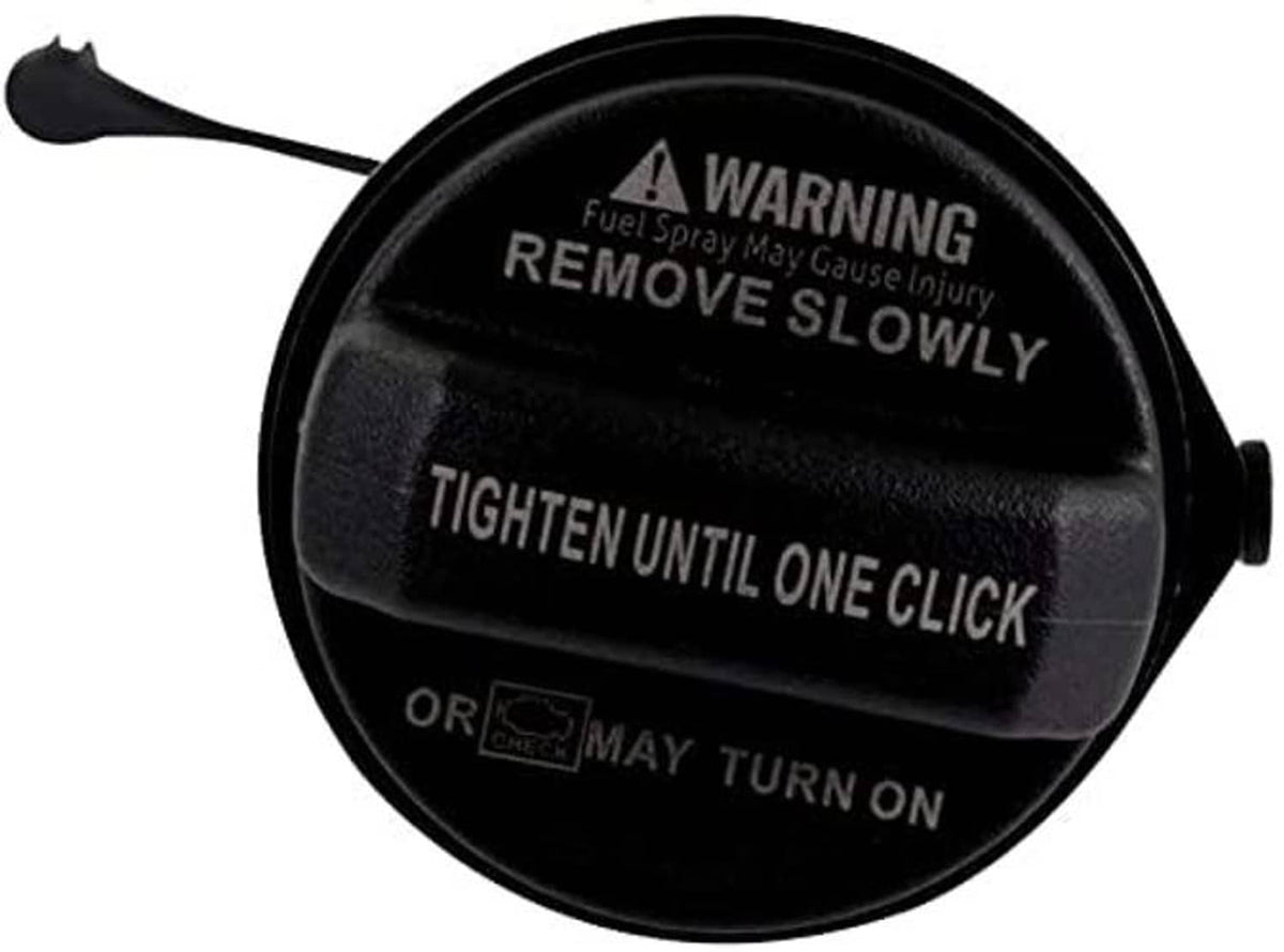 Fuel tank filler gas cap, black with WARNING REMOVE SLOWLY text and tether