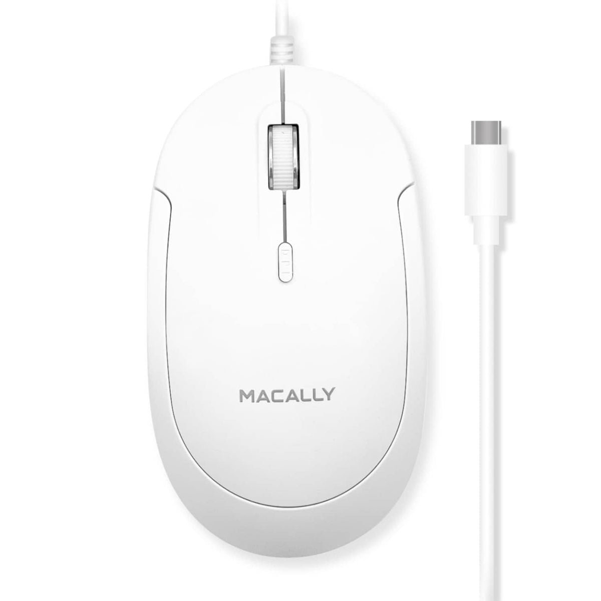 White wired optical mouse with USB-C cable, 3 buttons, MACALLY logo