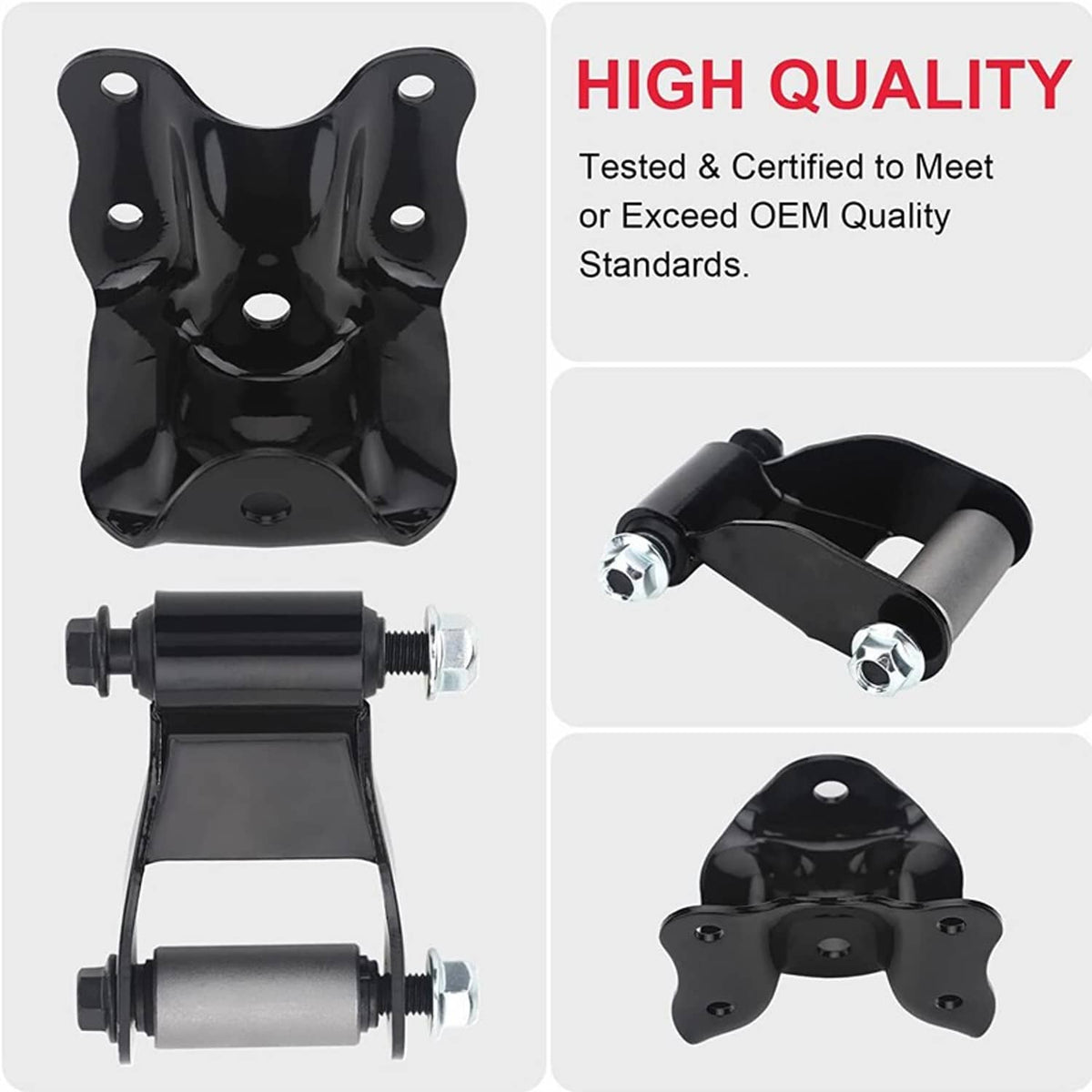 Black rear leaf spring shackle kit pair with hanger brackets and bushings