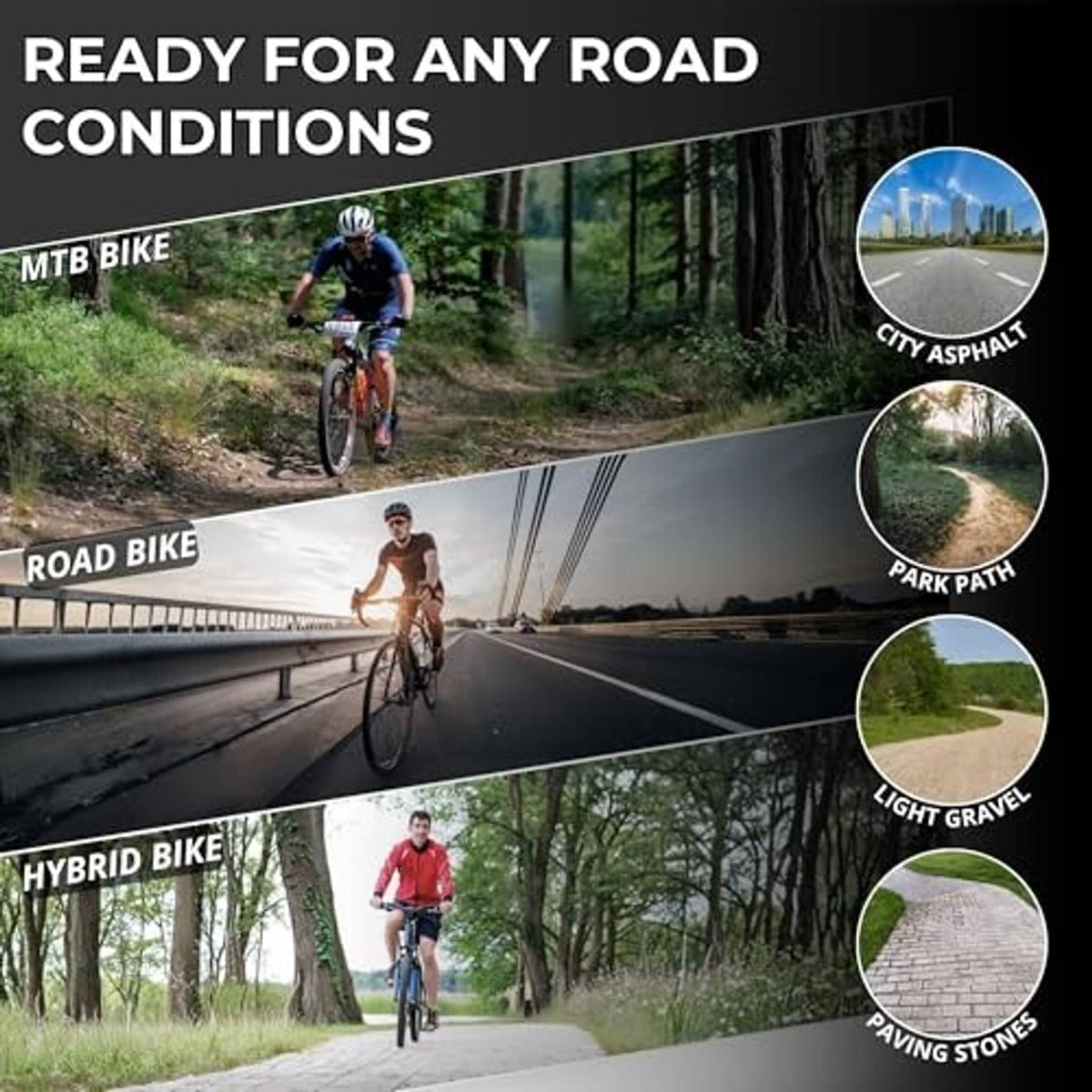 Mountain bike tire promotional graphic for riding on road, park paths, and light gravel