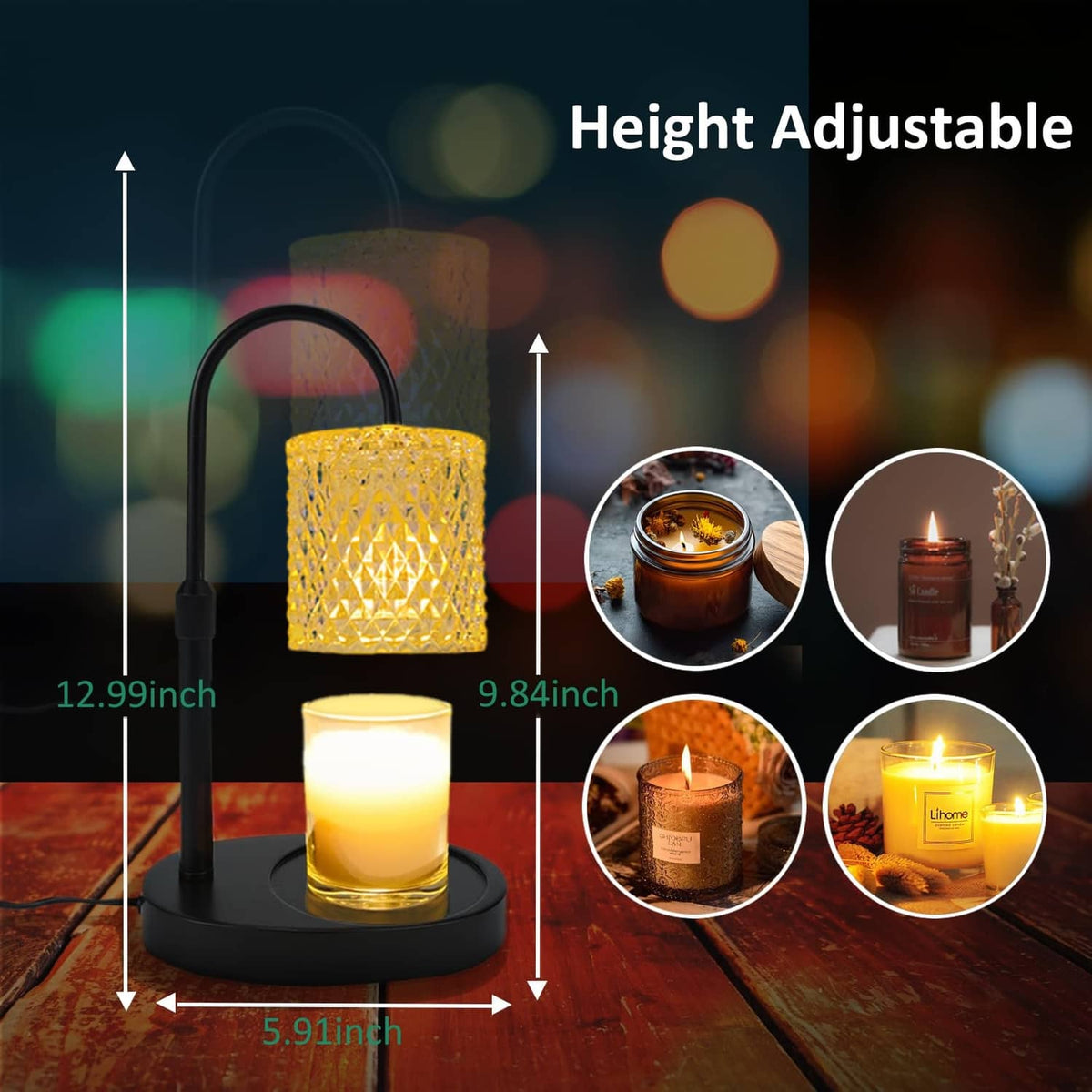 Height-adjustable black candle warmer lamp with amber lantern shade and lit candle