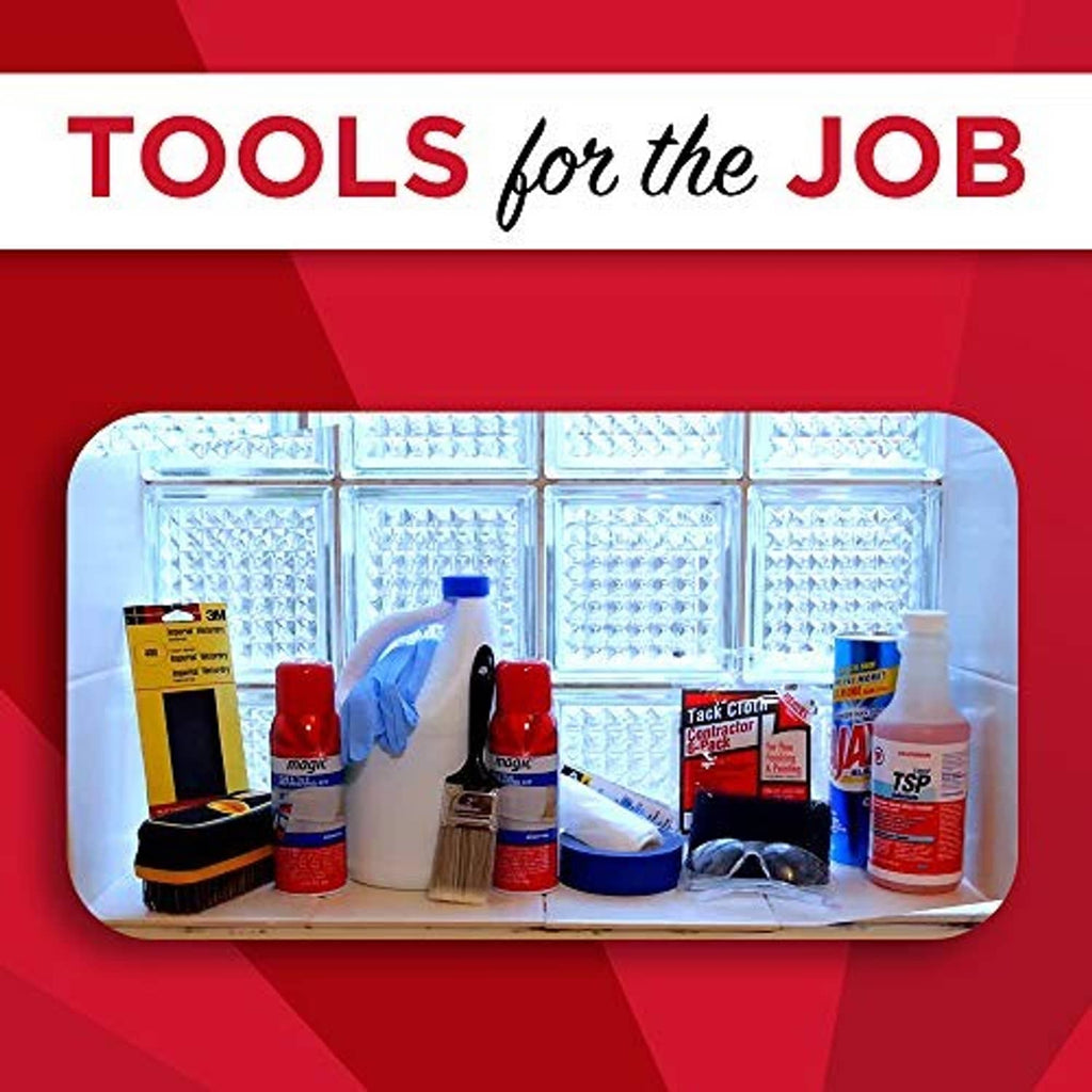 Magic tub and tile refinishing kit supplies tray with bottles, cans, caulk and brush