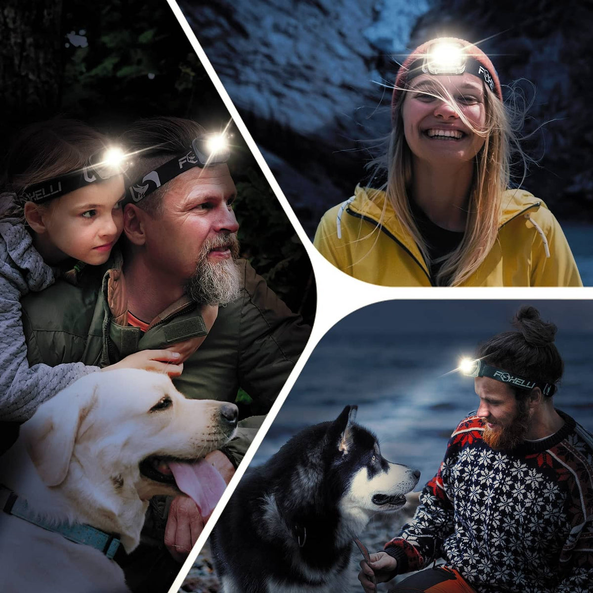 Neon pink LED headlamps in use by adults and kids at night