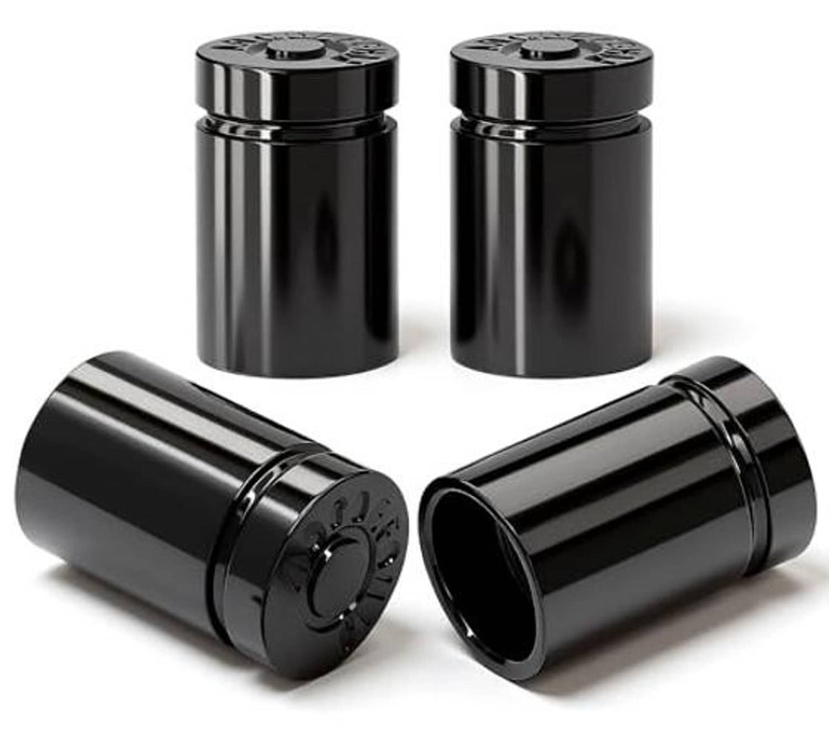 4 black bullet tire valve stem caps, angled view, vented end caps