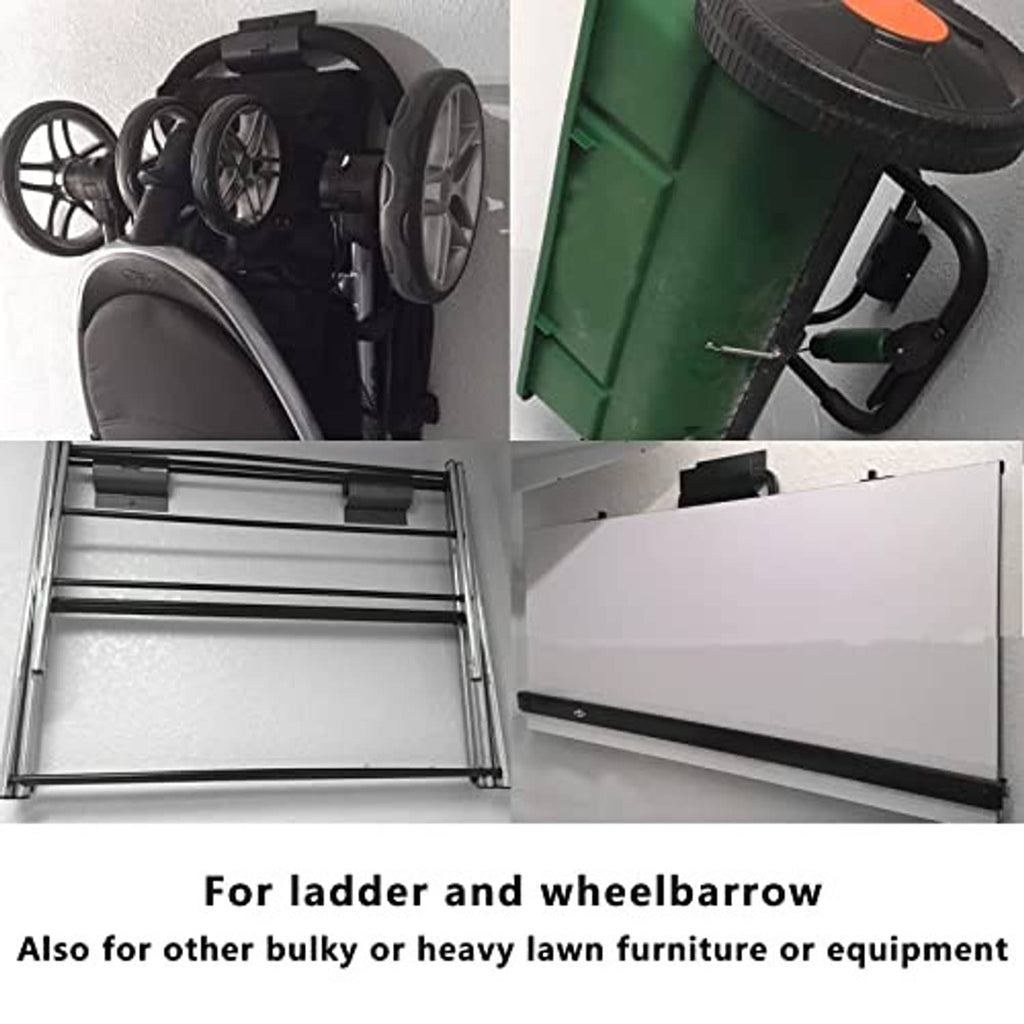 Wall-mount hook brackets for ladder and wheelbarrow, matte black with screw holes