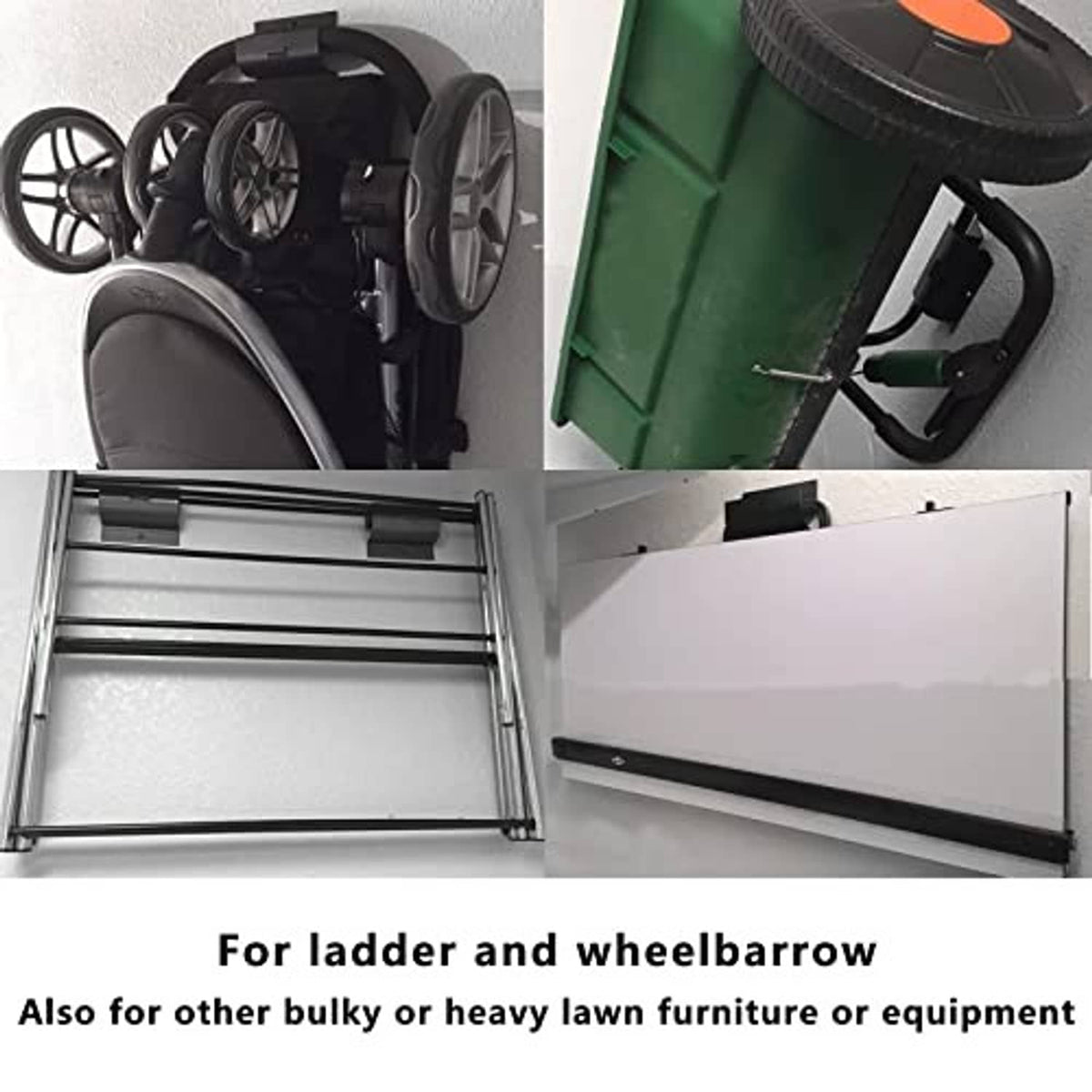 Wall-mount hook brackets for ladder and wheelbarrow, matte black with screw holes