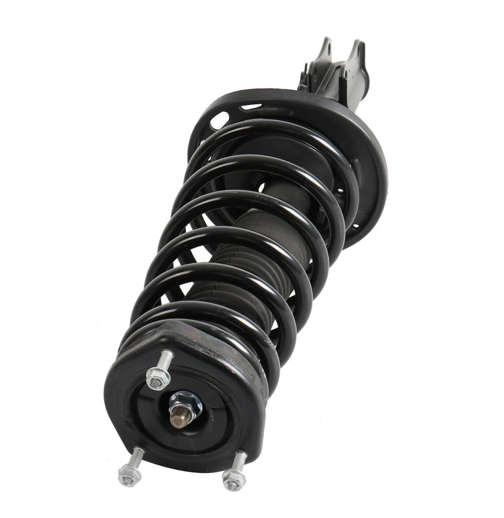 Shock strut with black coil spring and round top spring perch