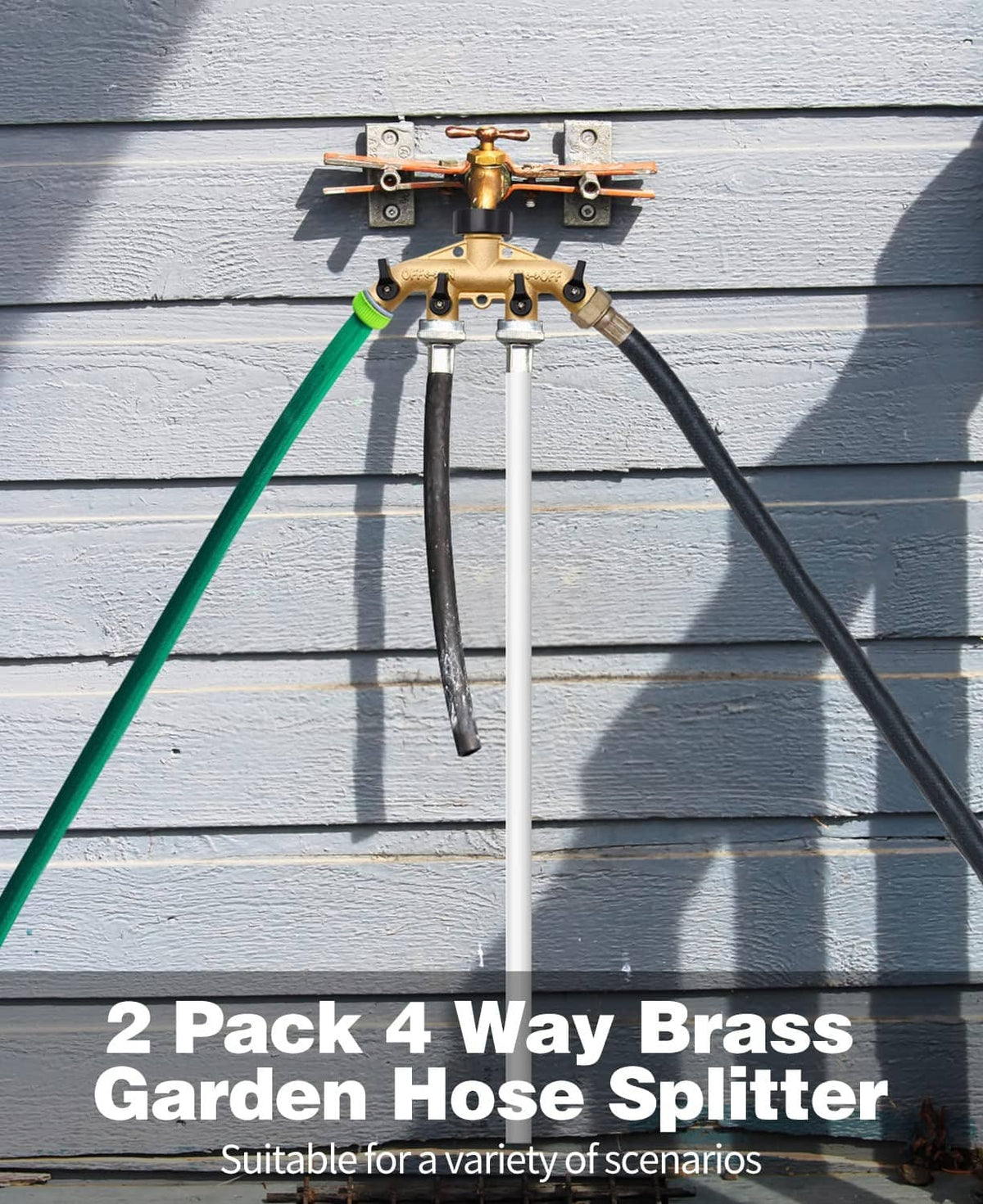 Brass 4-way hose splitter mounted with multiple outlet spigots and black control knobs