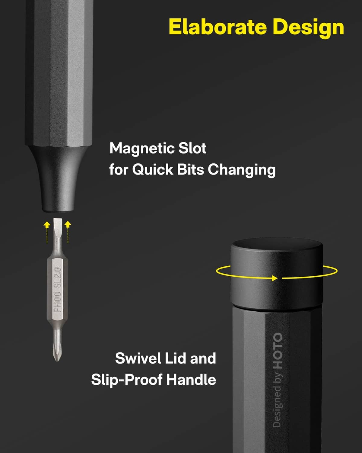 Magnetic slot storage box with swivel lid and quick-change precision screwdriver bit