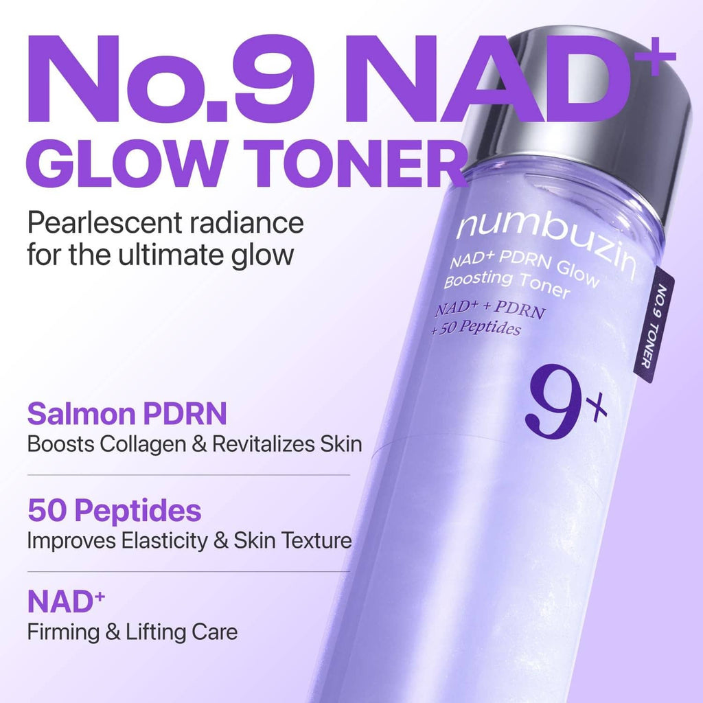 Purple pearlescent glow toner bottle with silver top and 9+ marking