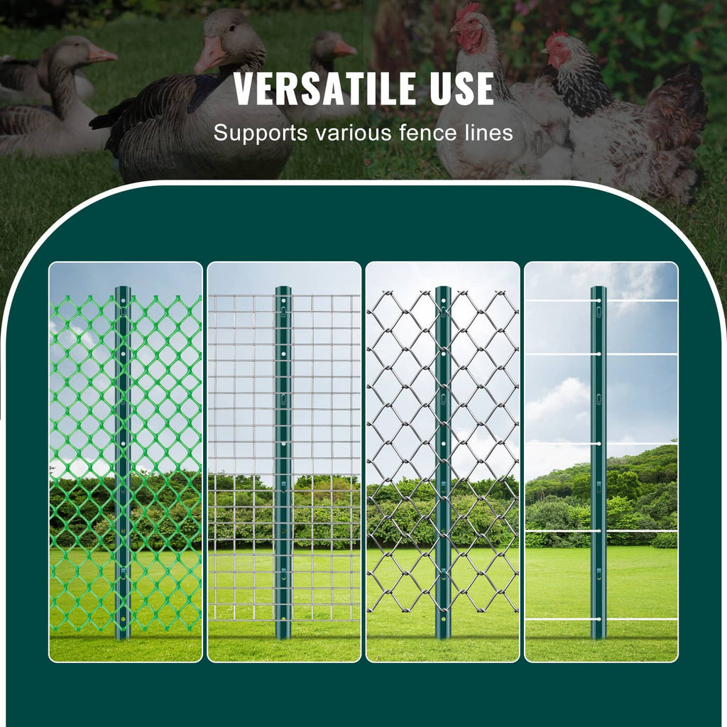 Green metal fence posts for supporting various fence line styles