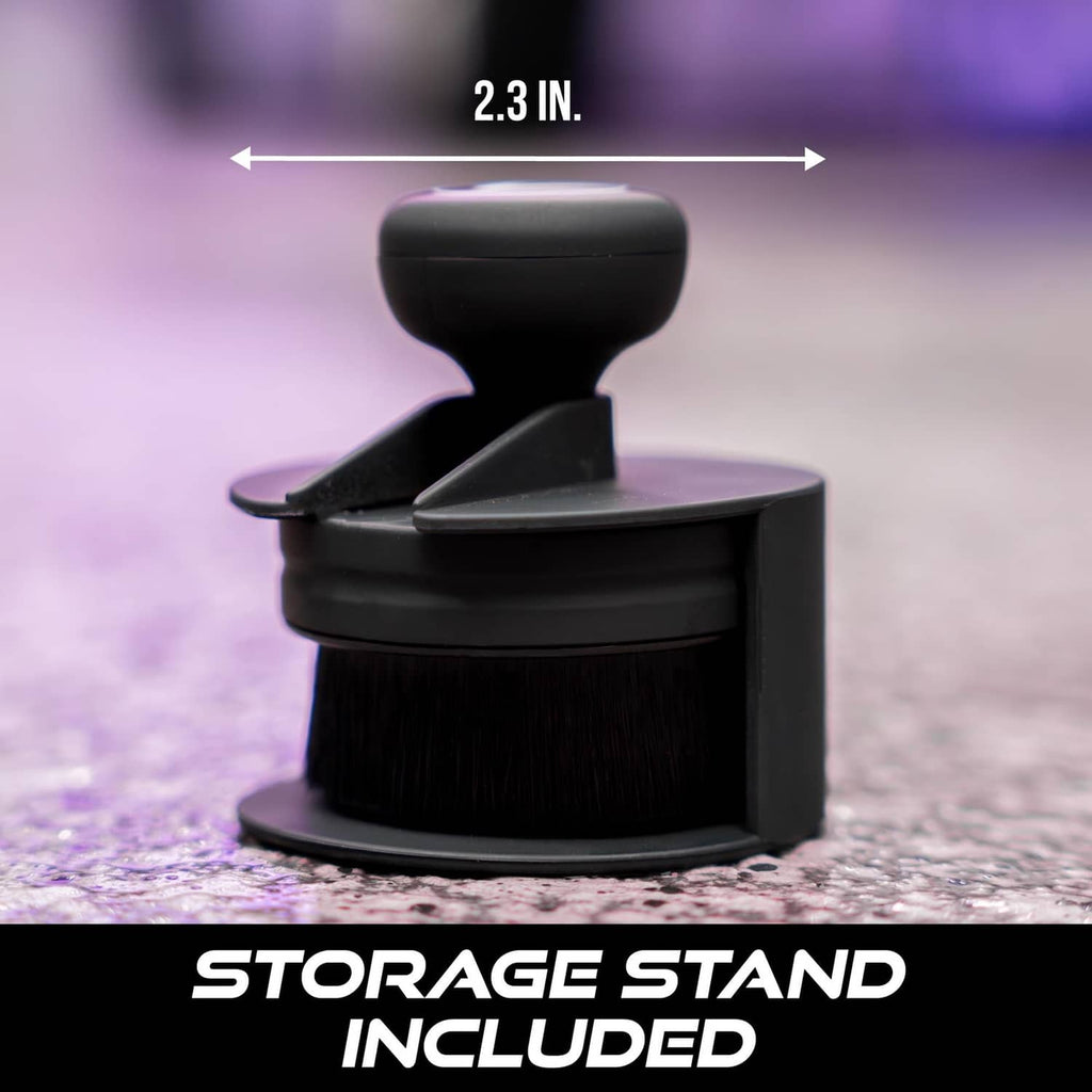 Black tire shine applicator brush with storage stand base, compact holder included