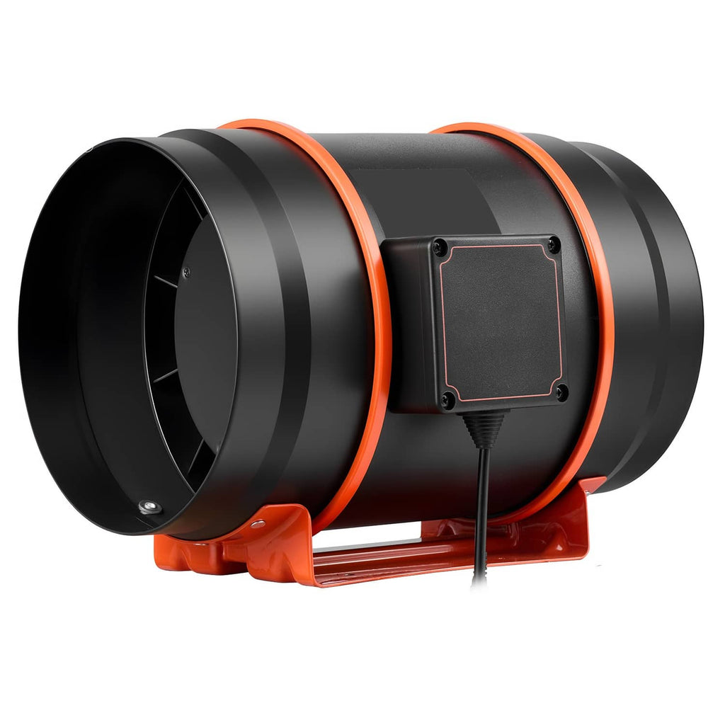 8-inch inline duct fan, black housing with orange trim, angled with mounting bracket