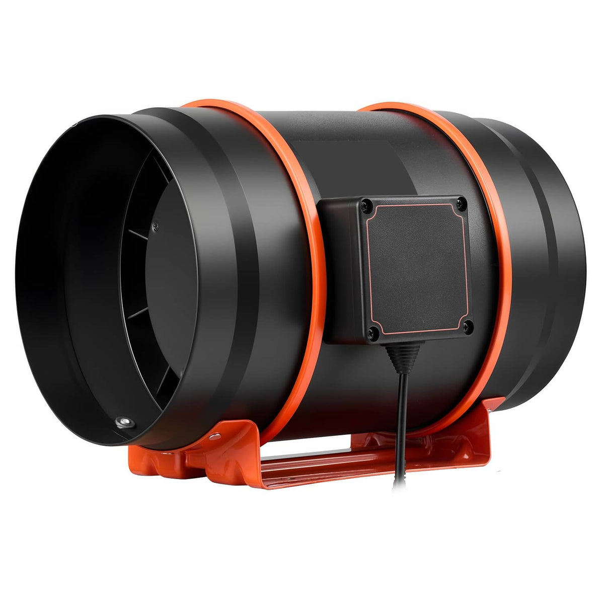 8-inch inline duct fan, black housing with orange trim, angled with mounting bracket