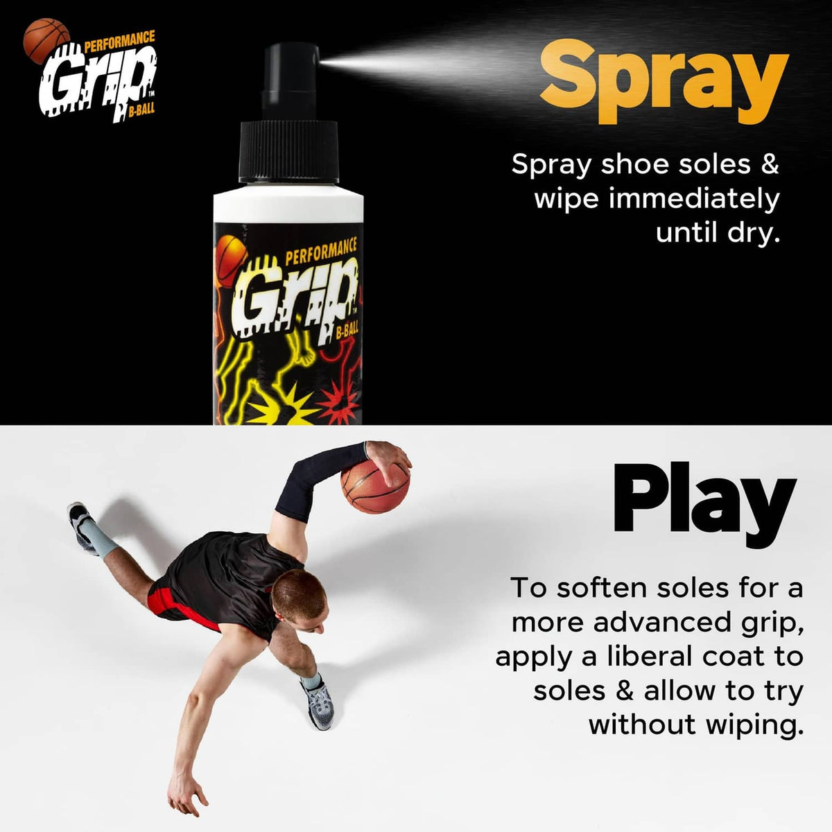 Performance Grip shoe sole spray bottle with black pump, on black background