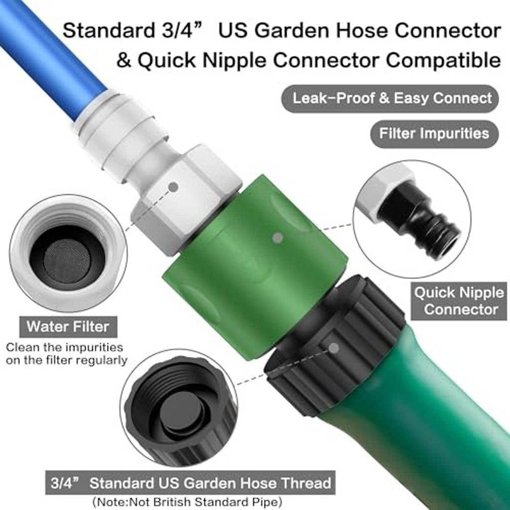 Garden hose misting adapter with built-in filter, green inline connector, and quick nipple
