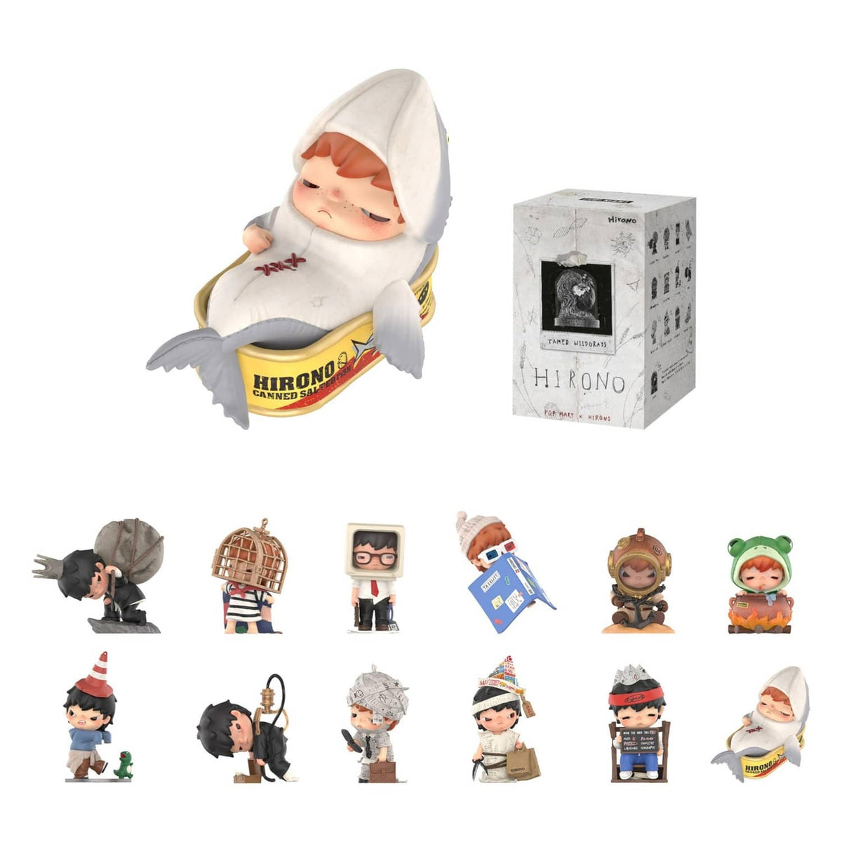 Tamed Hirono figure in white hood and gray gloves, beside HIRONO single box